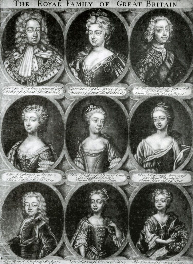 King George II, Queen Caroline and their children. Image: Wikipedia. Public Domain. 