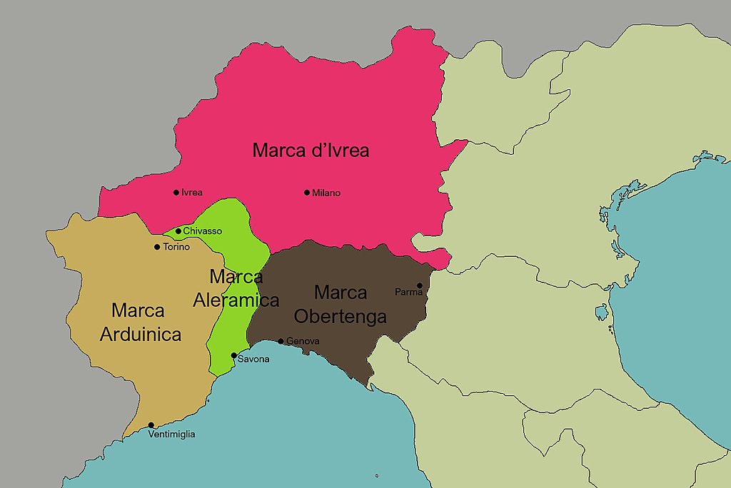 The Kingdom of Lombardy and the Marca Obertenga. The Obertenghi dynasty led to the House of Este. Image: Wikipedia/Valexar CC4.0.