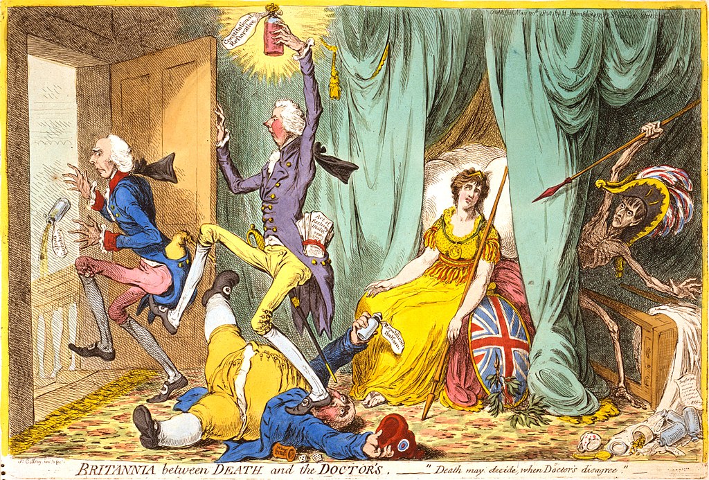 Britannia sits on her sickbed as Pitt kicks Addington out of the room. Caricature by James Gillray. Image: Wikipedia. Public domain.