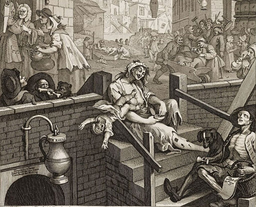 Gin Lane by William Hogarth shows the effects of the Gin Craze. Image: Wikipedia. Public Domain.