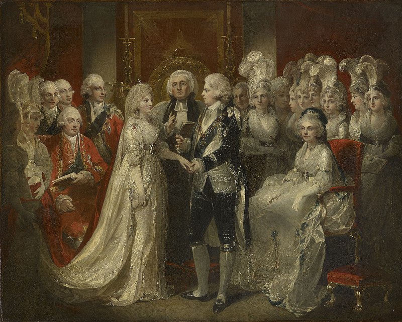The wedding of George, Prince of Wales and Princess Caroline of Brunswick, 1795. Henry Singleton. Image: Wikipedia. Public domain.