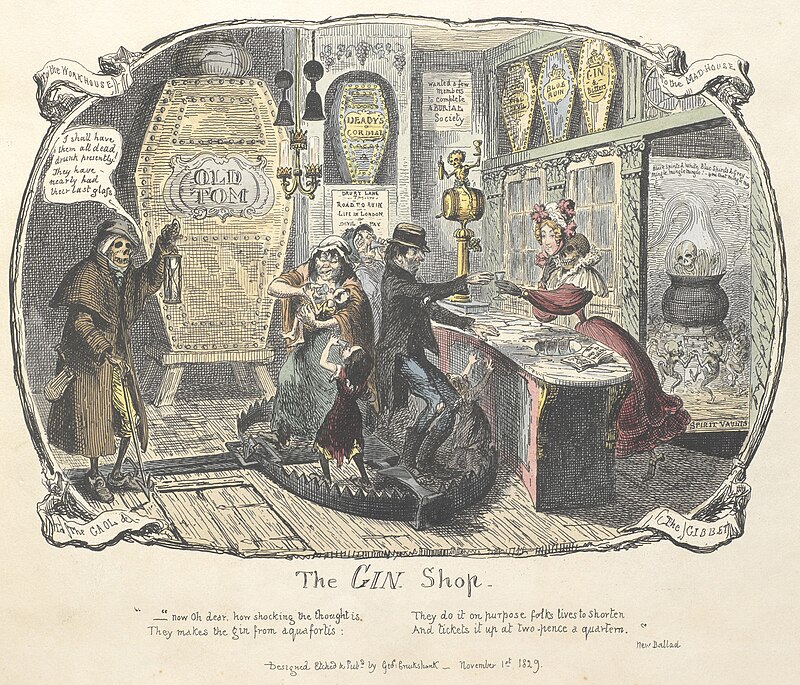 The Gin Shop by George Cruickshank. (1829) Image: Wikipedia. Public Domain.